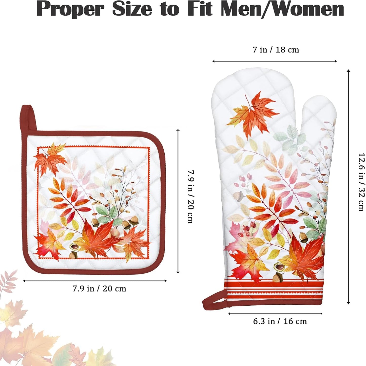 Fall Mapel Leaf Oven Mitts and Pot Holders Sets 2Pcs, 100% Cotton Heat Resistant, Extra Long Oven Gloves Potholder for Kitchen Cooking Baking Decoration