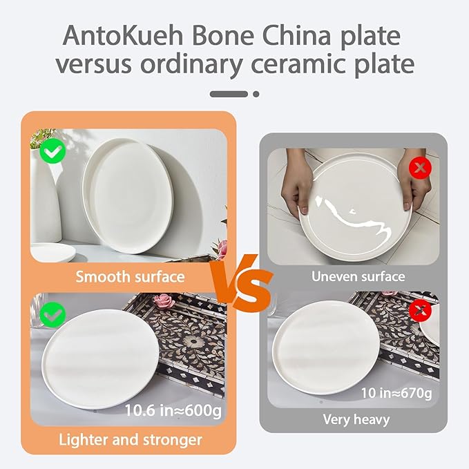 White Fine Bone China Dinner Plates, AntoKueh 10.6 Inch Large Serving Plate, Set of 6 with Shallow Edge for Pasta, Steak, Dishwasher/Microwave safe