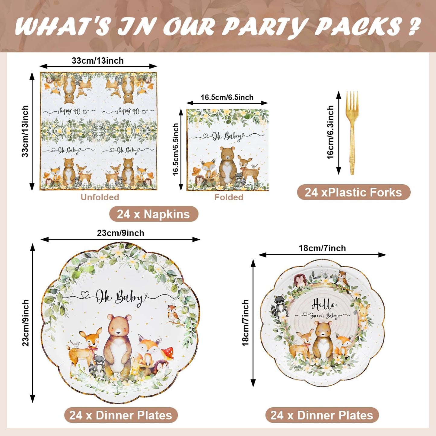 96 Pieces Woodland Baby Shower Tableware Set – Scalloped Forest Animal Disposable Dinnerware with Paper Plates, Napkins, and Forks for Gender Neutral Baby Showers and Birthday Parties – Serves 24