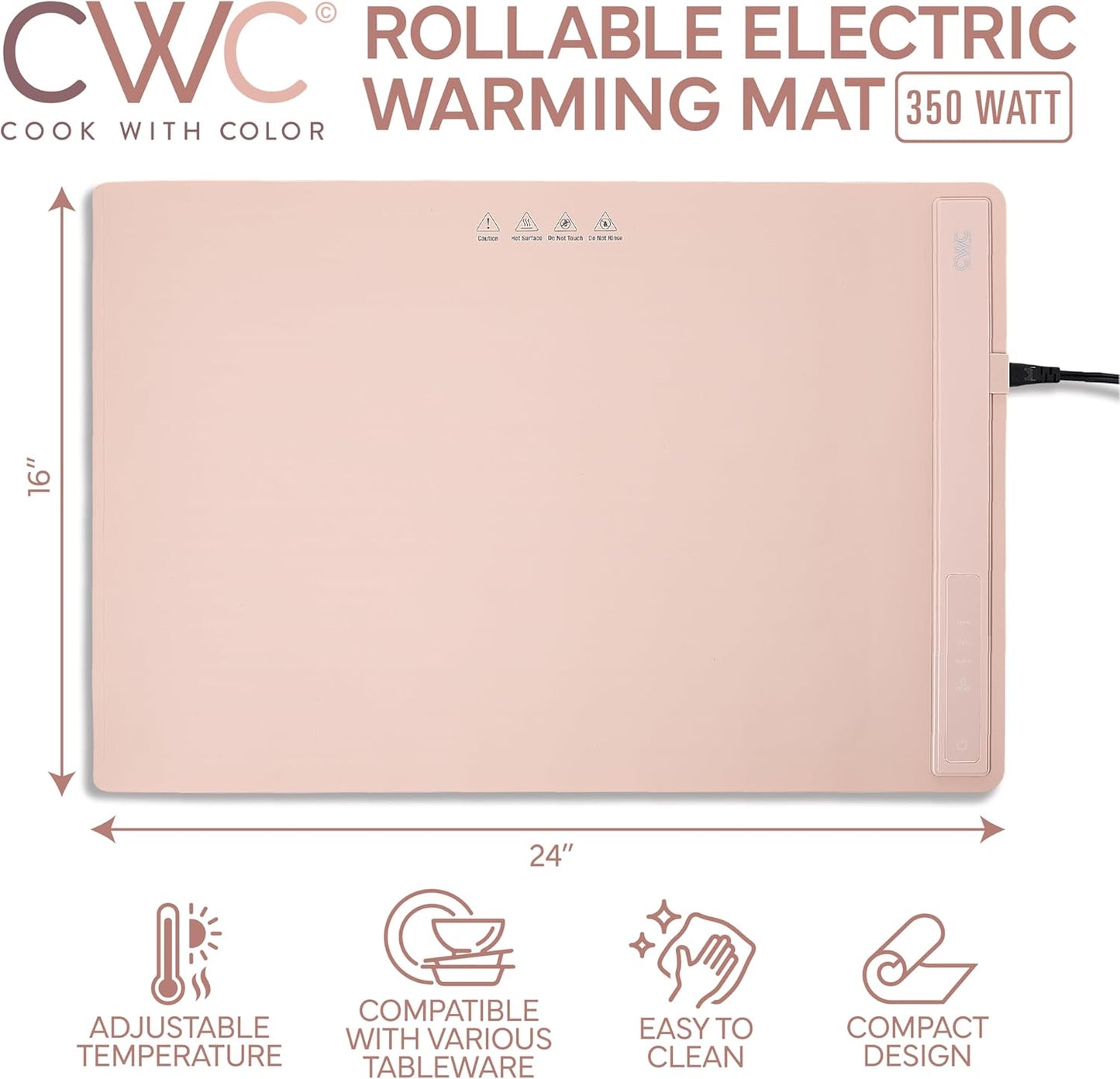COOK WITH COLOR 350W Electric Food Warming Mat - Portable Food Warmer Tray with Adjustable Temperature, Fast 60-Second Heating, Auto Shut-Off, Rollable Silicone Pad for Parties & Everyday Use, Blush