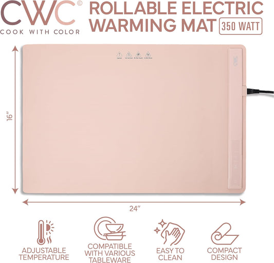 COOK WITH COLOR 350W Electric Food Warming Mat - Portable Food Warmer Tray with Adjustable Temperature, Fast 60-Second Heating, Auto Shut-Off, Rollable Silicone Pad for Parties & Everyday Use, Blush