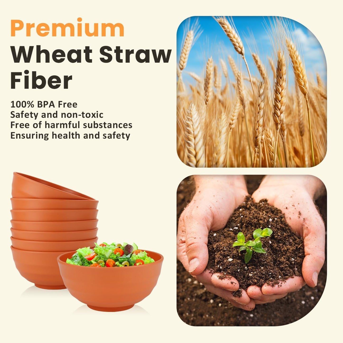 Homienly 60 OZ Large Salad Bowls,Wheat Straw Bowls Set of 8,Large Serving Bowl for Wedding Parties, Microwave and Dishwasher Safe Bowl for Salad,Soup,Big Bowls for Kitchen-Orange