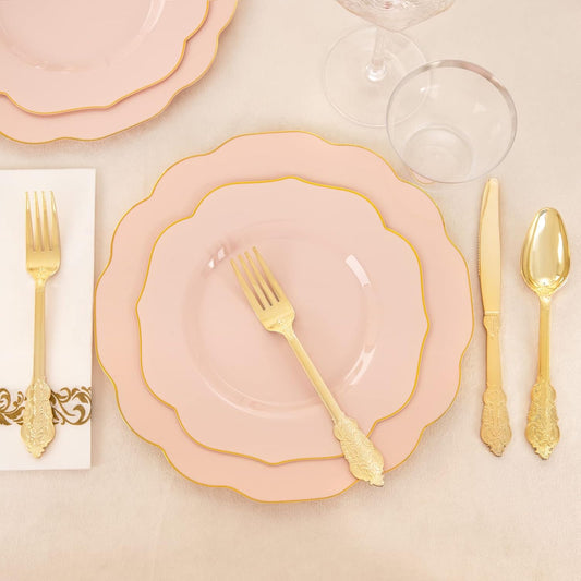 NOCCUR 175PCS Pink Plates with Gold Disposable Silverware - Include 50 Pink Plastic Plates,25 Knives,25 Forks,25 Spoons,25 Cups and 25 Napkins - Ideal for Wedding/Party