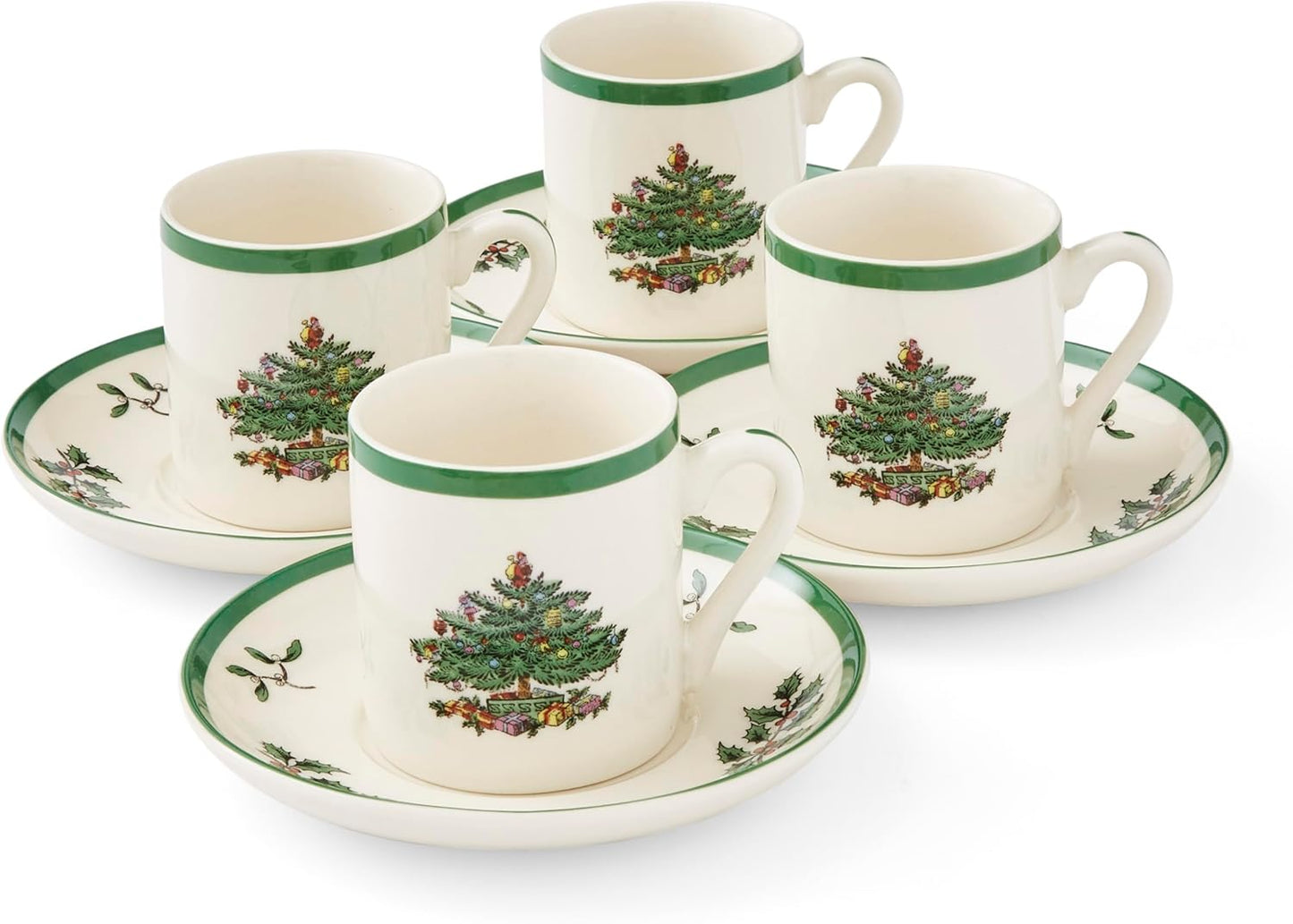 Spode Christmas Tree Espresso Cup & Saucer Set (Set of 4) - Festive 3 Ounce Coffee Mugs with Saucers, Fine Earthenware for Espresso, Holiday Gift & Christmas Décor - Dishwasher & Microwave Safe