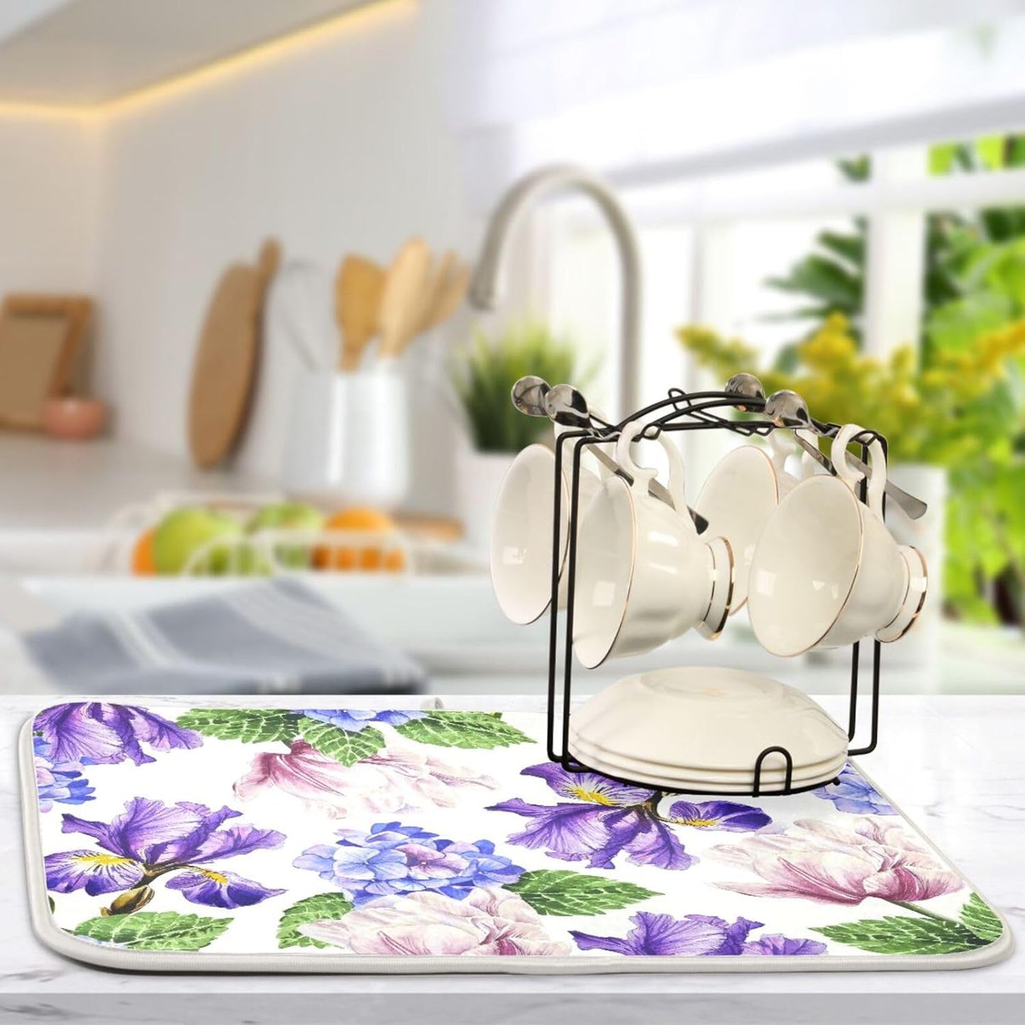 Watercolor Flowers and Hydrangeas Dish Drying Mat Super Absorbent Drying Mat 18x24 inch Large Dish Drying Mats for Kitchen Counter Dish Drying Pads Kitchen Drying Matt for Countertop