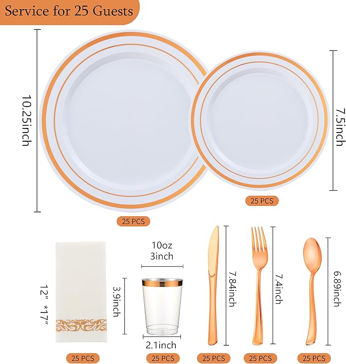 175PCS Rose Gold Dinnerware Set for 25 Guests, Rose Gold Rim Plastic Disposable Plates for Party Wedding Include 25 Dinner Plates, Dessert Plates, Silverware Set, Napkins, Cups