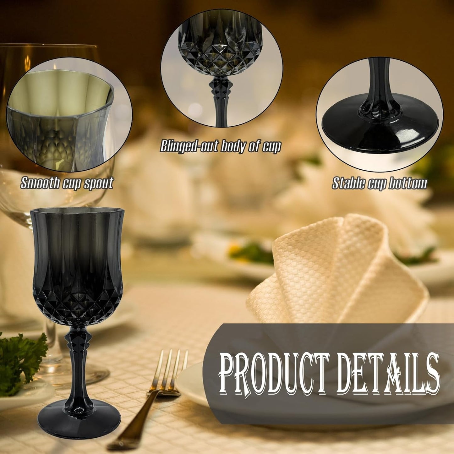 24 PCS Black Plastic Wine Glasses,Reusable Plastic Wine Glasses,Black Goblet Glass,Durable and Sturdy Cups Can Be Used for Various Parties Such as Weddings!