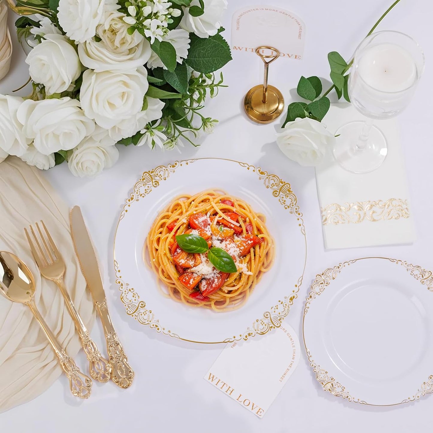 Ciaell 300PCS White and Gold Plastic Plates - Gold Disposable Dinnerware Sets for 50 Guests - 100 Plates, 50 Knives, 50 Forks, 50 Spoons, and 50 Napkins for Wedding, Anniversary, Party & Thanksgiving