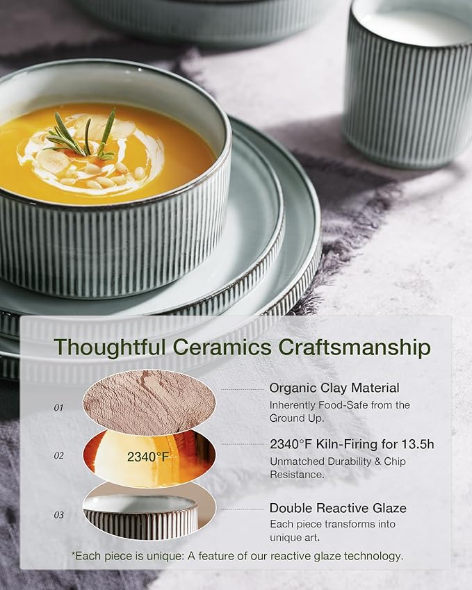 Famiware Star Dinnerware Set with Pasta Bowls, Service for 6 (24 Pieces), Ribbed Stoneware Plates and Double Bowls Sets - Chip & Scratch Resistant, Microwave & Dishwasher Safe Dishes, Smoky Blue