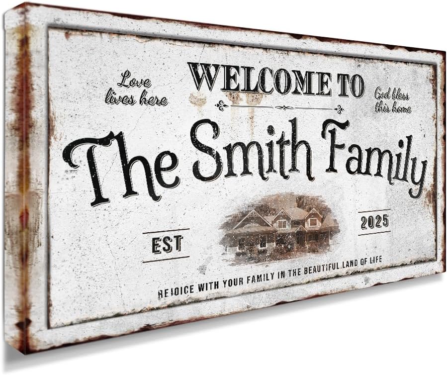 IPIC - Personalized Family Welcome Sign, Custom Canvas Wall Art with House Photo, Name & Date for Hallway or Entryway, Rustic Style Home Wall Decor Gift, Made in USA