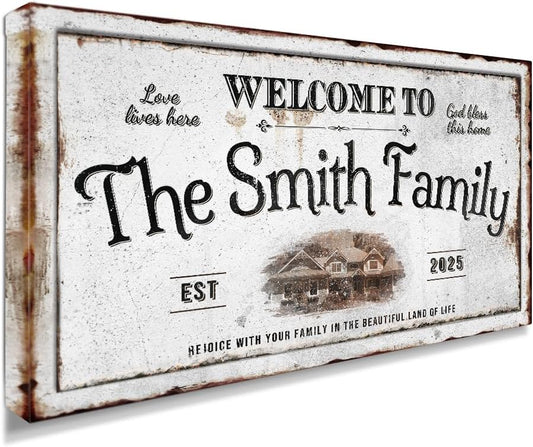 IPIC - Personalized Family Welcome Sign, Custom Canvas Wall Art with House Photo, Name & Date for Hallway or Entryway, Rustic Style Home Wall Decor Gift, Made in USA