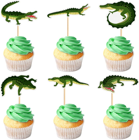 36Pcs Alligator Cupcake Toppers Crocodile Happy Birthday Cake Topper Reptile Animal Cupcake Toppers for Boy Man Jungle Safari Swamp Reptile Party Supplies