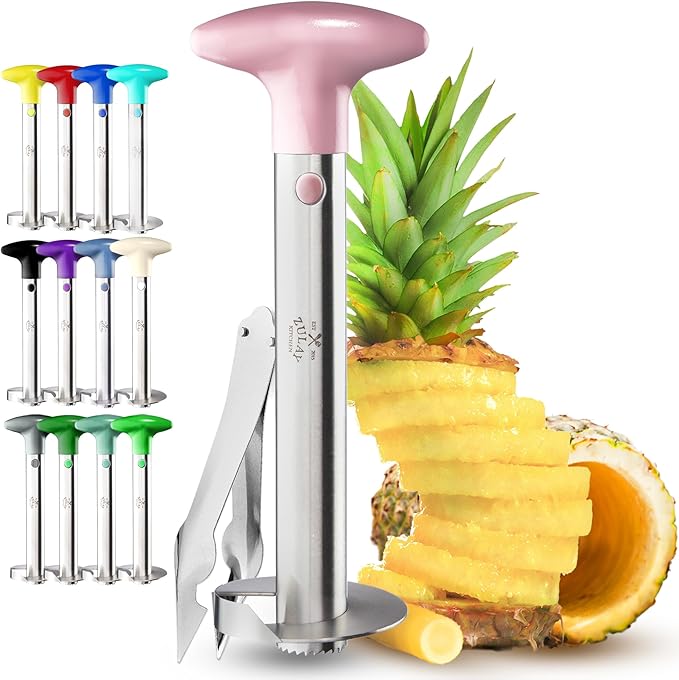 Zulay Kitchen Stainless Steel Pineapple Corer & Slicer + Eye Removal Tool – Heavy Duty Pineapple Cutter with Reinforced Blade – Effortless Pineapple Core Remover & Slicer - Pink