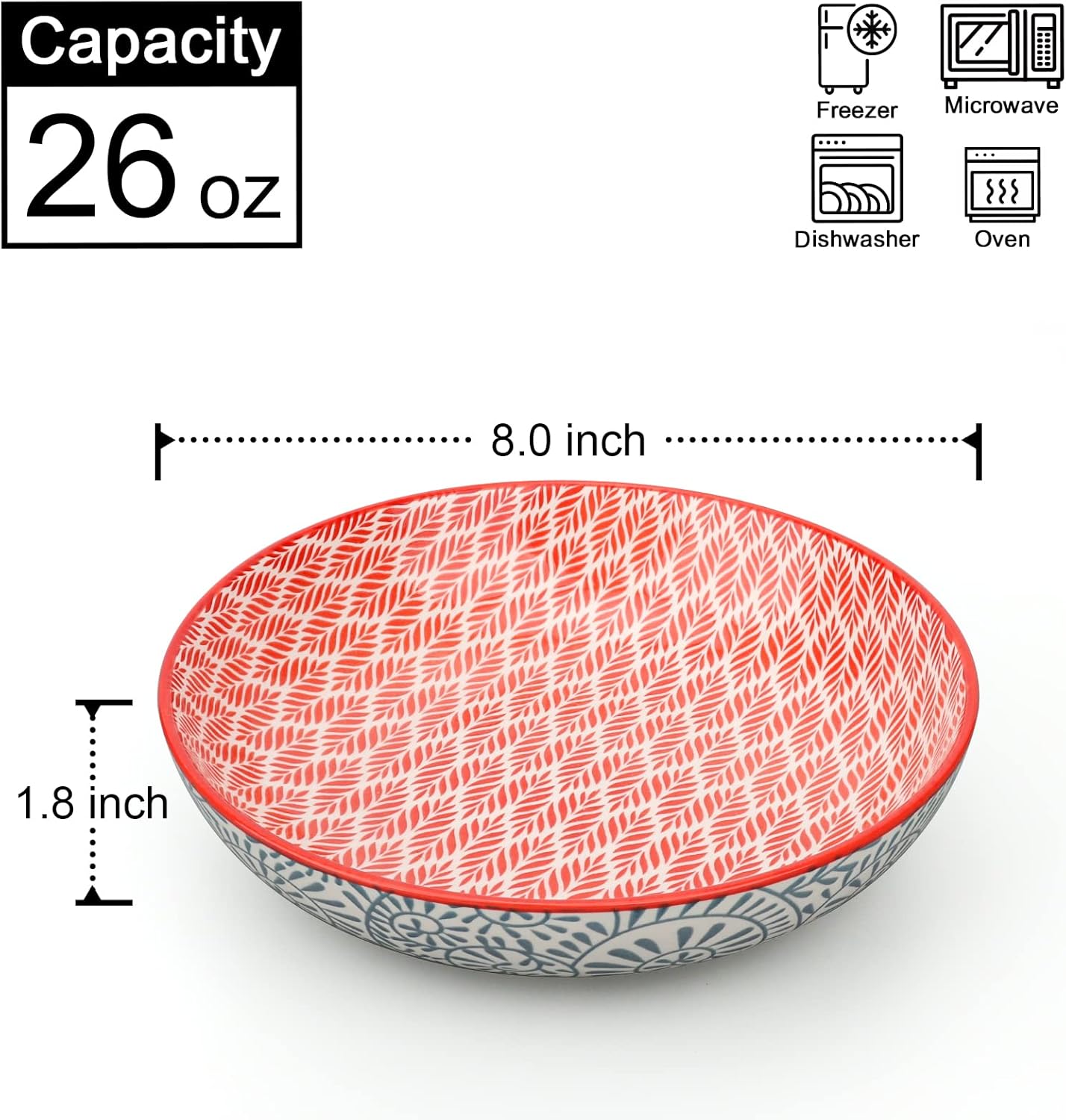 KitchenTour Pasta Bowls 26 Ounce, 8 inch Porcelain Ceramic Soup Dinner Salad Serving Bowls Set of 6, Dishwasher and Microwave Safe, Assorted Colors