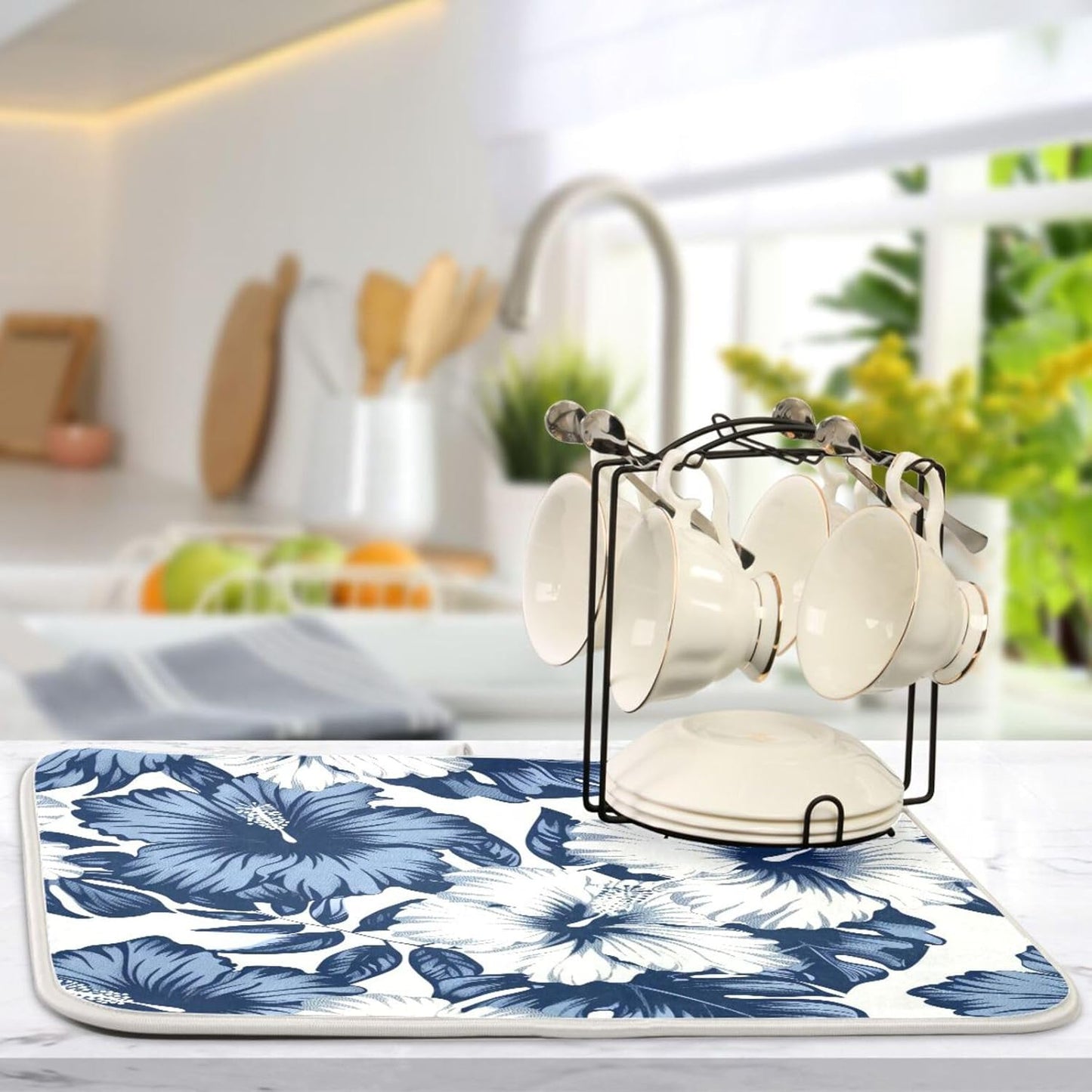 Blue White Hibiscus Flowers Dish Drying Mat for Kitchen Counter Super Absorbent Dishes Pad Reversible Microfiber Protector Dish Draining Mats 16x18 inch