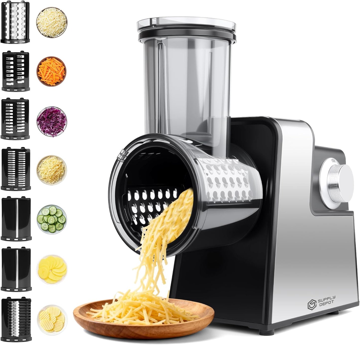 Electric Cheese Grater 7 in 1, Stainless Steel Salad Shooter, Electric Food Slicer Shredder Chopper with Rotary Switch, Automatic Grater for Block Cheese Vegetables Cucumber Carrots, 300W Salad Maker