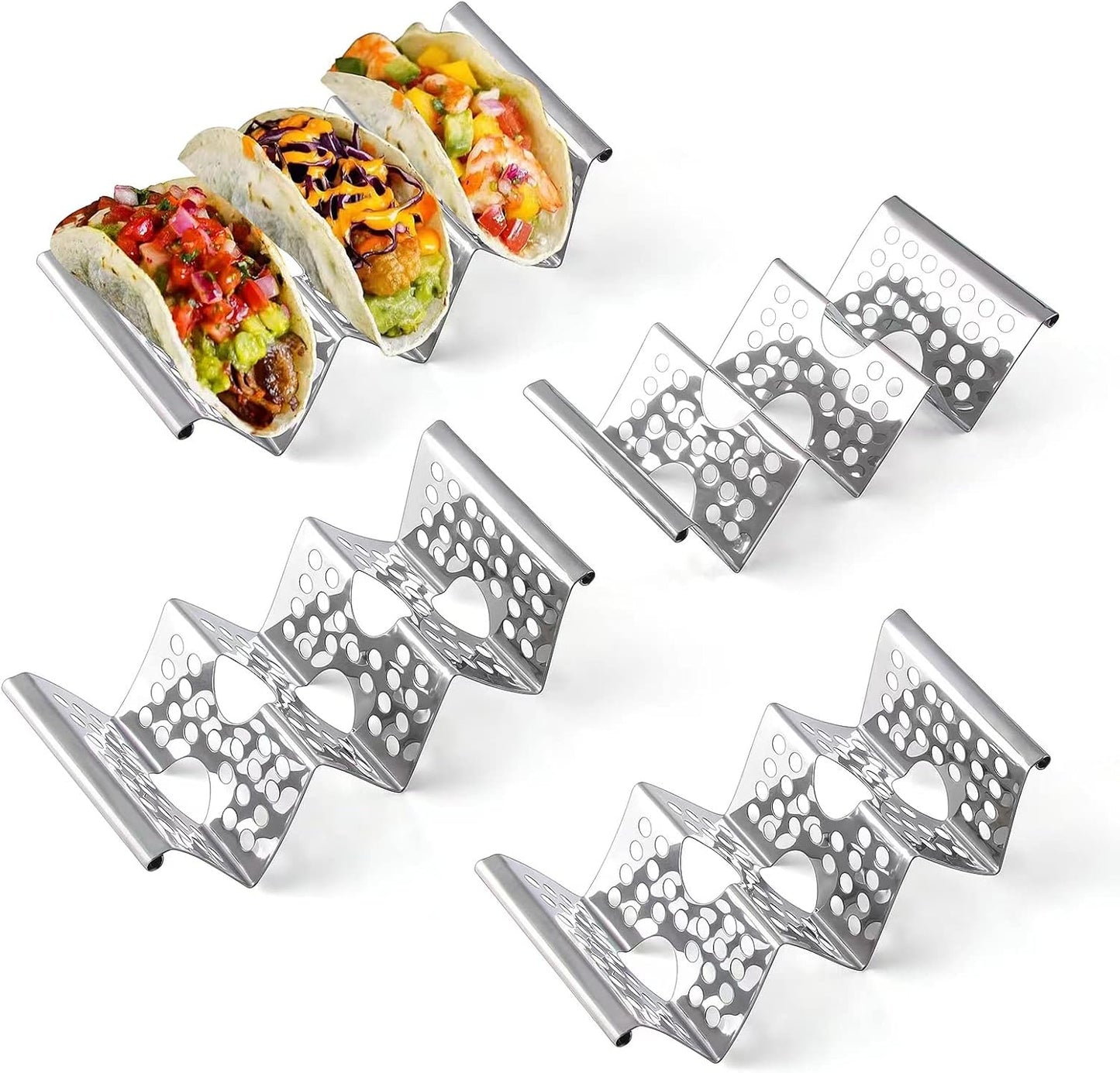 Taco Holders Set of 4, Taco Stand, Stainless Steel Taco Holder, Each Can Hold 3 Tortillas, with Easy-Access Handle, Fits Microwave, Air Fryer and Oven