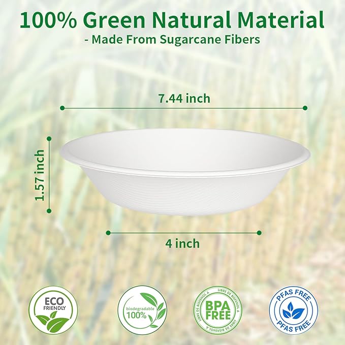 Aricsen Compostable 23 Ounce 100 Pack Disposable Round Paper Bowls, PFAS-Free, Eco-Friendly, Biodegradable Bagasse For Hot Soup Food Salad Dinner Party (100, 23 OZ)