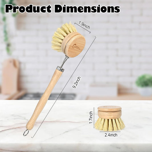 Bamboo Dish Brush with Handle - 4 Replacement Heads, Non Toxic Dish Scrubber Compostable & Sustainable, Scrub Brush for Cleaning Kitchen Utensils(Soft Bristles)