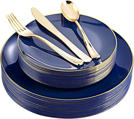 YOUBET 125PCS Blue Plastic Plates - Blue and Gold Plates - Navy Blue Disposable Plates With Gold Rim Include 25 Dinner Plate, 25 Dessert Plate, 75 Golden Silverware Cutlery for Party & Wedding