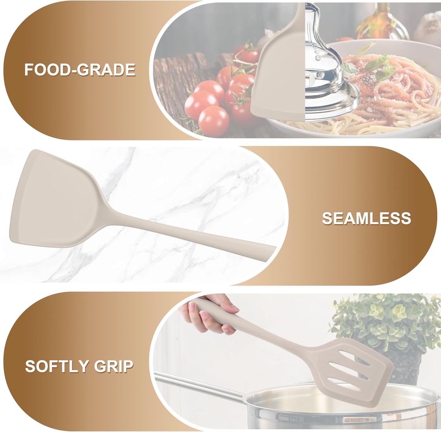 TeamFar Silicone Cooking Utensils, Kitchen Utensils Set of 5, Nonstick Cookware Tools Turners Spoons Pasta Server for Home, Healthy & Heat-Resistant, Seamless & Non-Scratch, Dishwasher Safe, Khaki