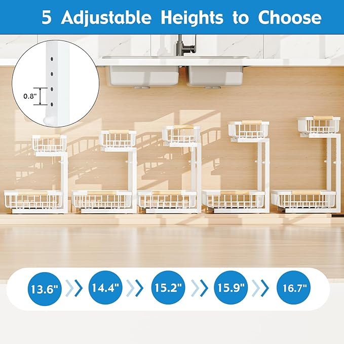 2Pcs Under Sink Organizer, Adjustable Under Sink Organizers and Storage, 2-Tier Pull Out Under Kitchen Sink Organizer, Sliding Out Metal Under Bathroom Sink Organizer for Kitchen Pantry White