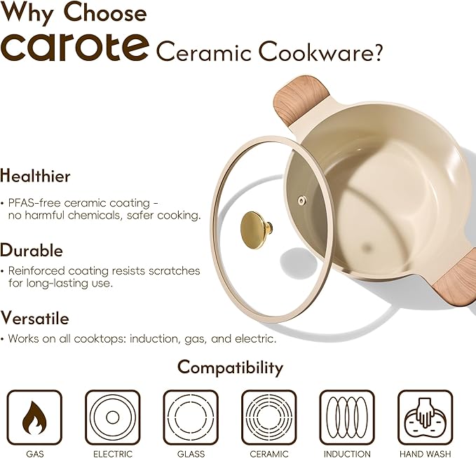 CAROTE 5 Qt Nonstick Stock Pot with Lid Soup Pot, Ceramic 5 Quart Casserole with Lid, Easy to Clean Non Stick Cooking Pot Cookware PFOA Free, Ceramic Oatmeal
