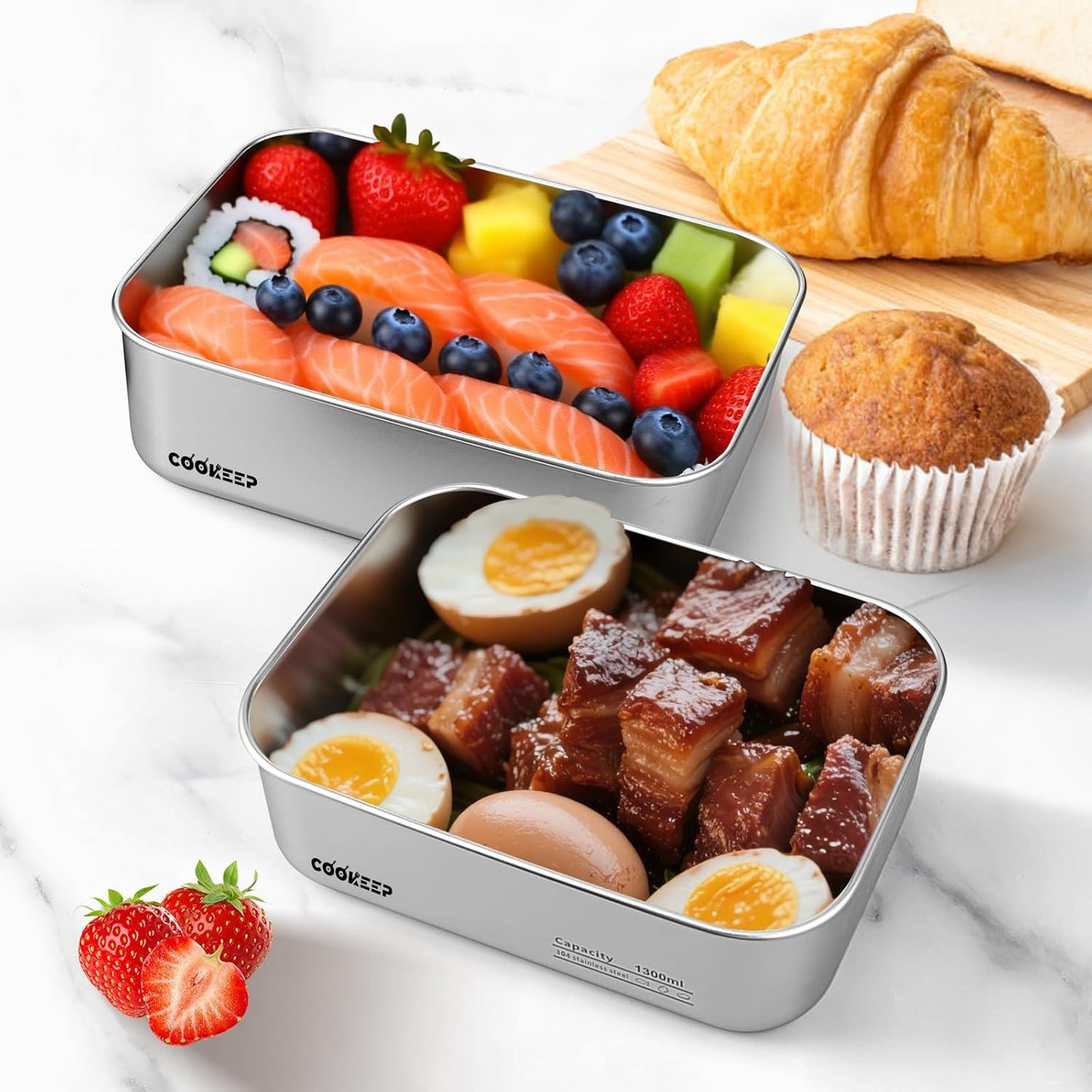 Stainless steel food storage containers With lids，stainless steel snack containers，stainless steel lunch box，Easy Clean,Airtight & Leakproof for kitchen storage，Dishwasher safe，44oz (44oz/1300ml)