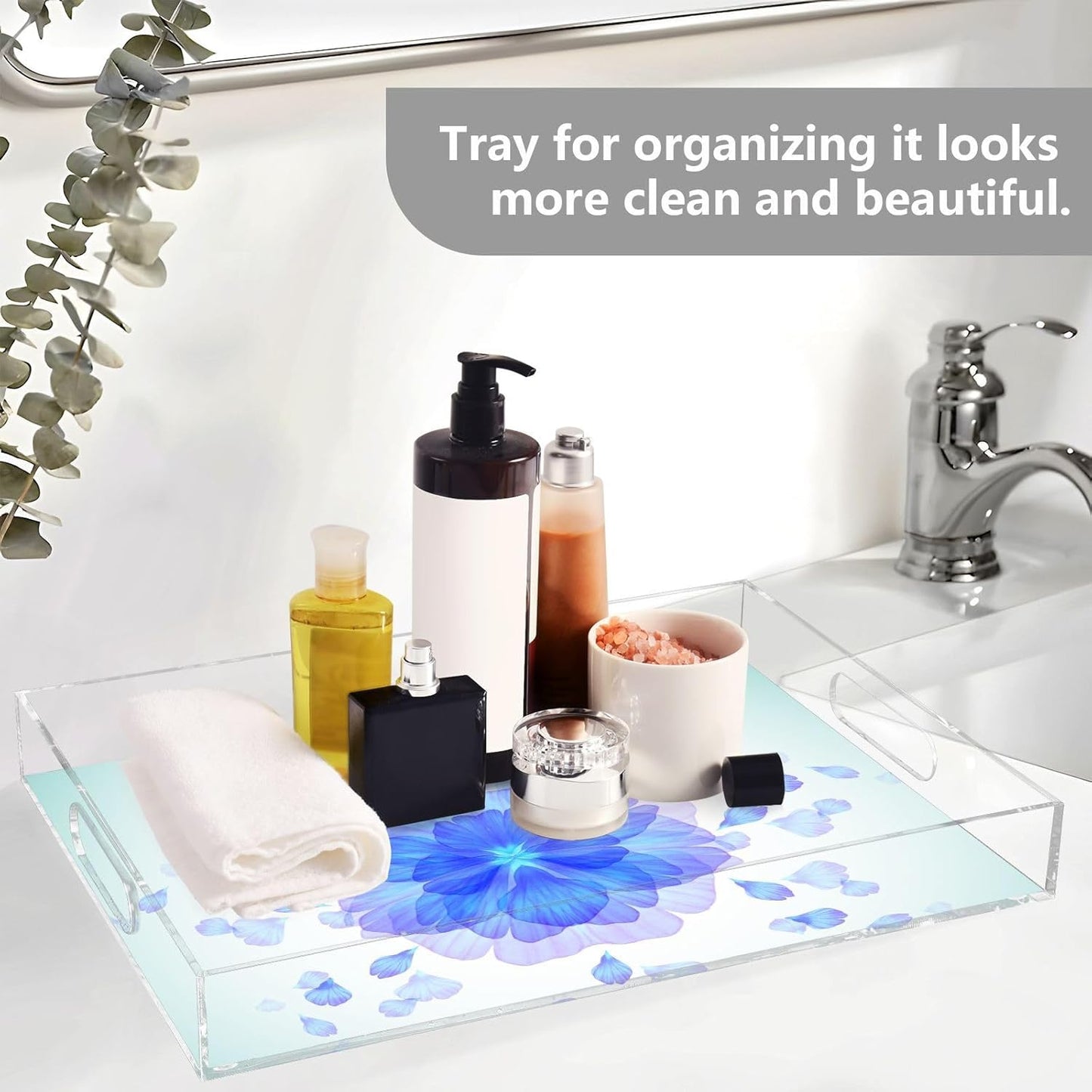 Acrylic Serving Tray with Handles Spill Proof Kitchen Storage Tray Clear Decorative Tray Makeup Drawer Organizer Storage Tray for Bathroom Living Room Ottoman 15.7x11.8Inches