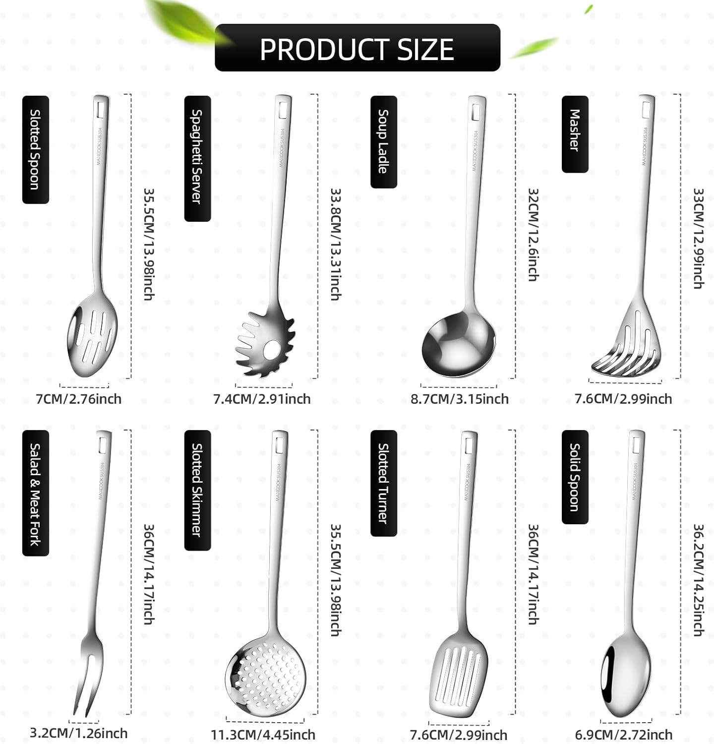 18/8 Stainless Steel Cooking Utensil set, 8 Pieces Metal Kitchen Utensils set, Slotted Spoon,Meat Fork,Ladle,Skimmer,Spatula,Spaghetti Server,Large Spoon,Masher (Dishwasher Safe, Silver)