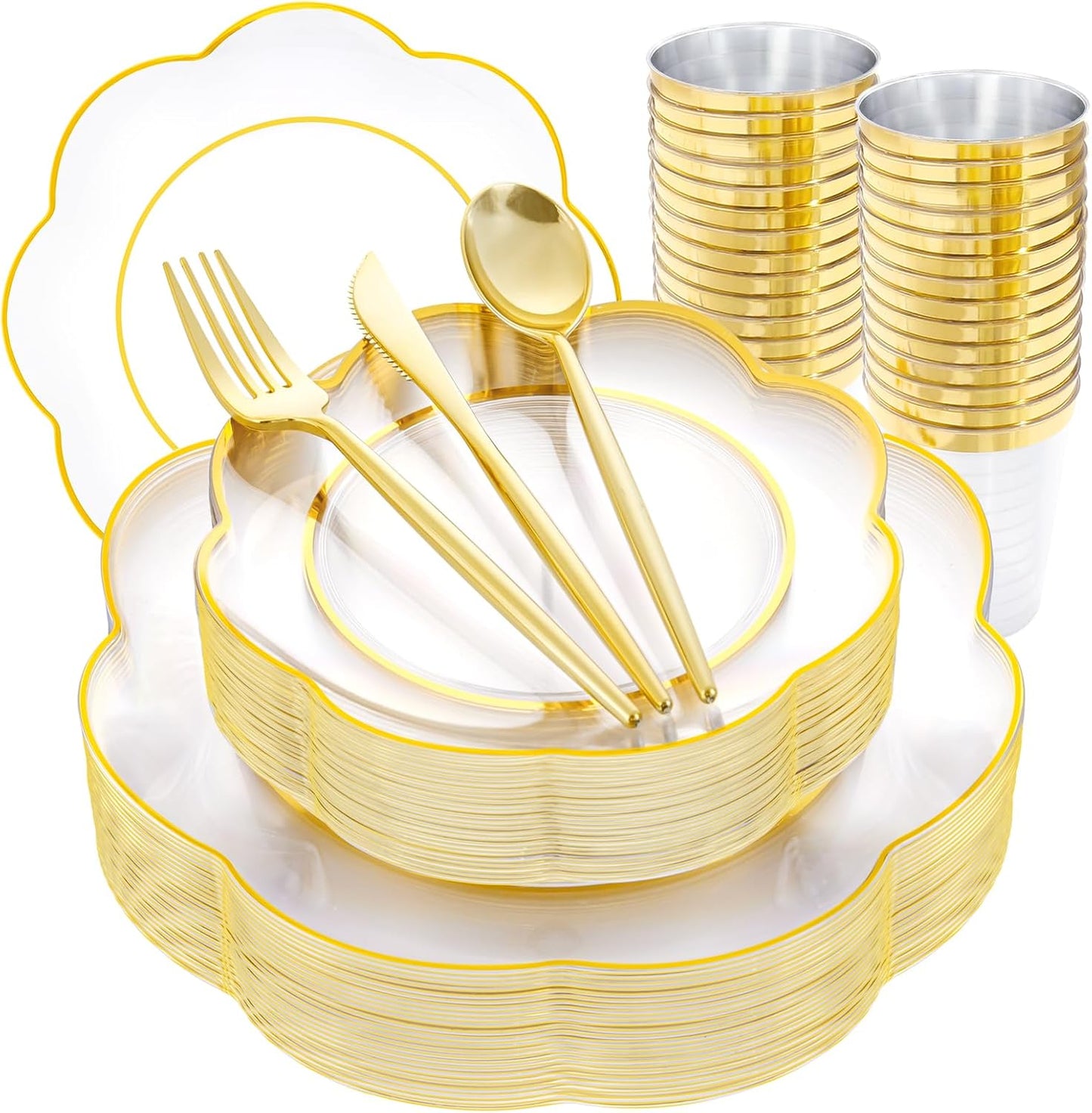 EI 180pcs Clear Plastic Plates with Gold Plastic Silverware, Plate for Party,Clear Dinnerware Set,Heavy Duty Plate for Wedding,Biethday