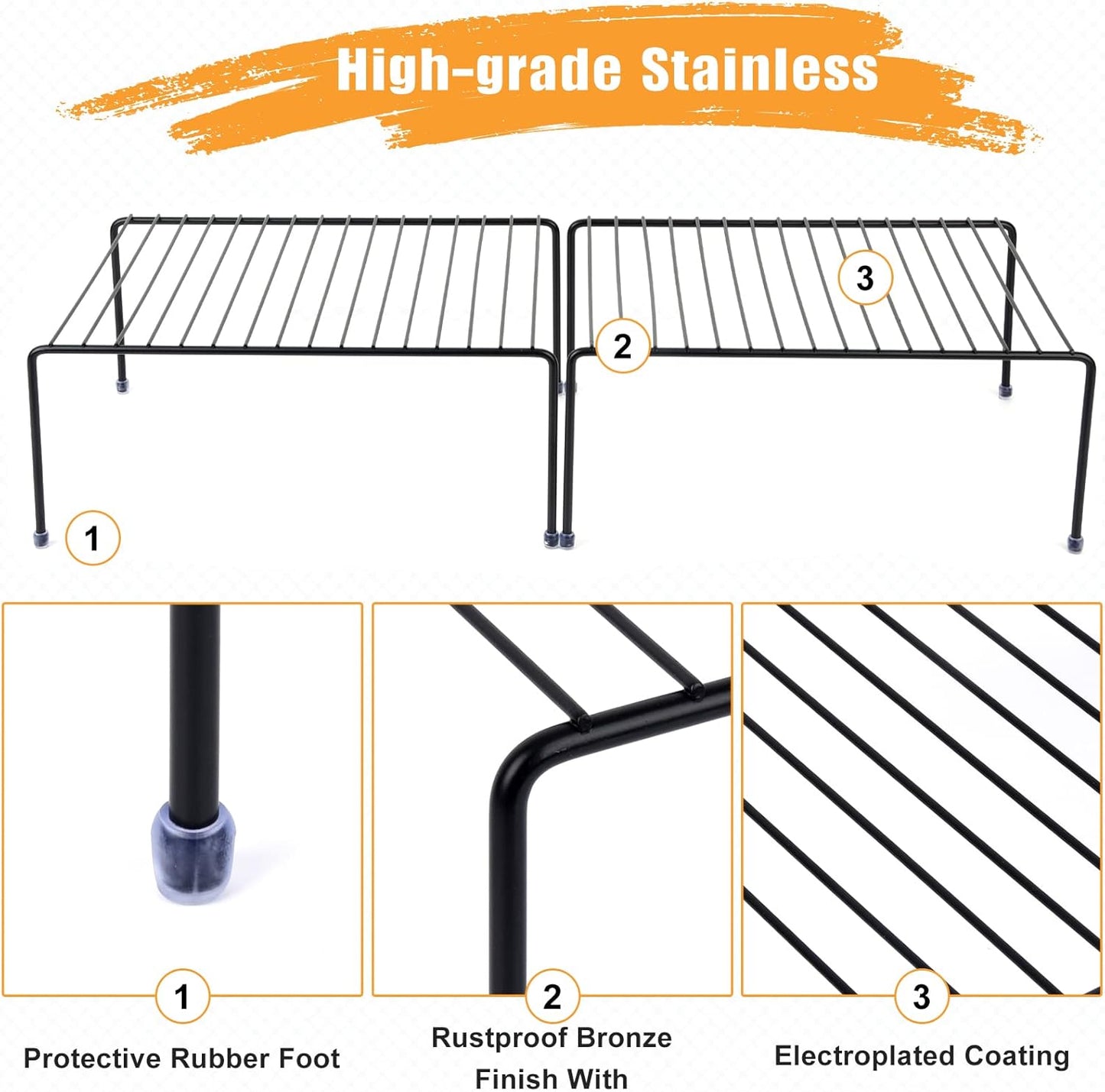 Kitchen Cabinet Storage Shelf Rack/Plastic Feet - (13.1 x 10.2 Inch) - Steel Metal - Rust Resistant Finish - Cups, Dishes, Cabinet & Pantry Organization (4, Black)