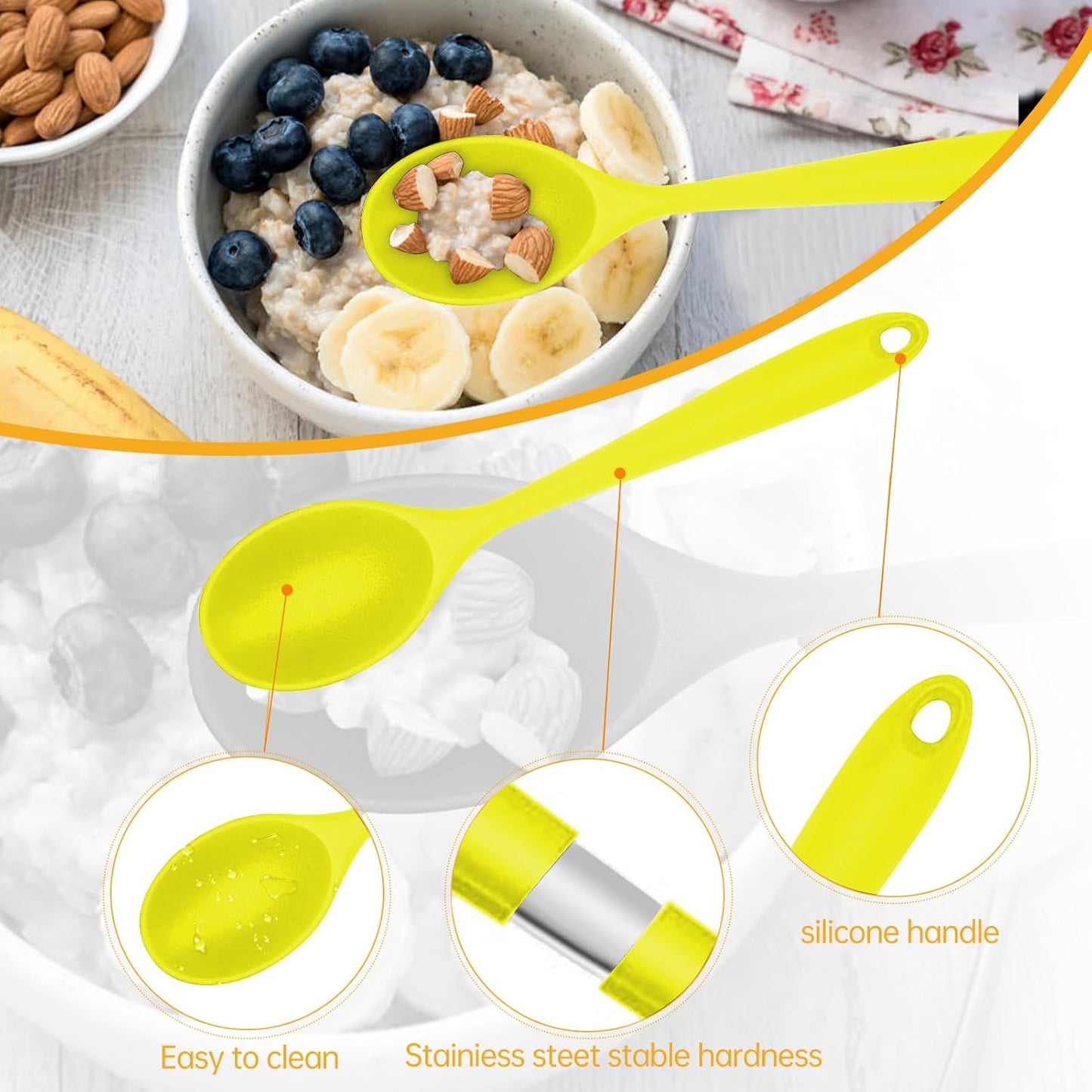 2 Pcs Silicone Nonstick Mixing Spoon, Silicone Spoons for Cooking Heat Resistant, Cooking Utensil for Kitchen Cooking Baking Stirring Serving (Yellow)