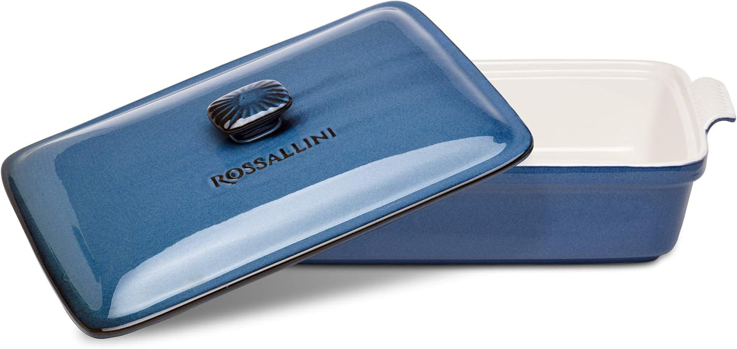 Stoneware Casserole Dish Bakeware Set with Lid, Covered Rectangular Dinnerware, Extra Large 4.23 Quart, 13 by 9 Inch, Blu Indaco [Reactive Blue]