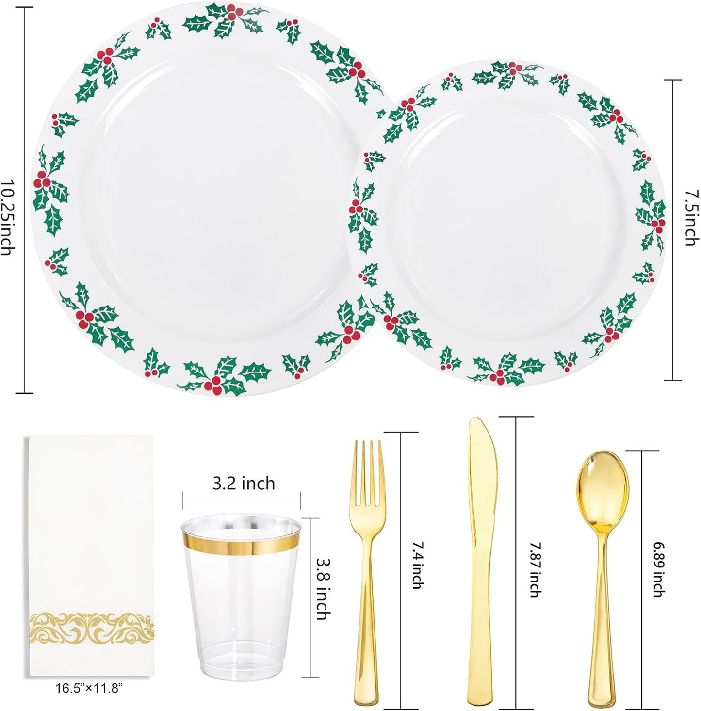 FLOWERCAT 175 PCS Christmas Plates set & Holly Berry Plates - Christmas plates disposable Include 50 Christmas Plastic Plates,25 forks, 25 knives, 25 spoons, 25 napkins Ideal for Xmas Party