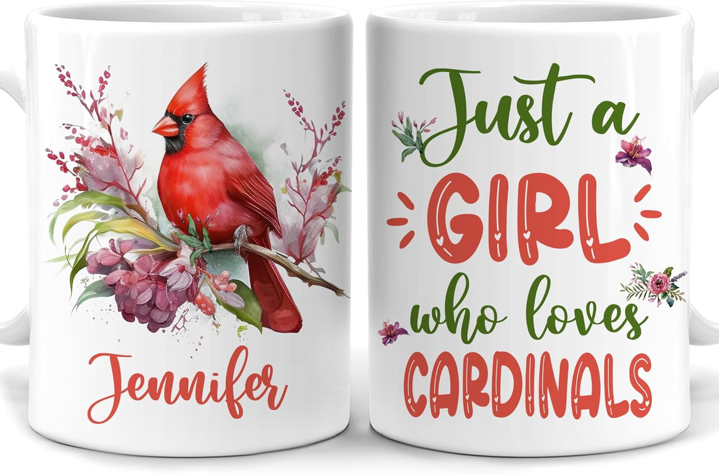 Hyturtle Personalized Gifts Cardinal Lover - Just A Girl Who Loves Cardinals Custom Name Ceramic Coffee Mug Cup 11oz - Idea Cute Animal Lover Gifts For Women, Girl On Birthday, Christmas