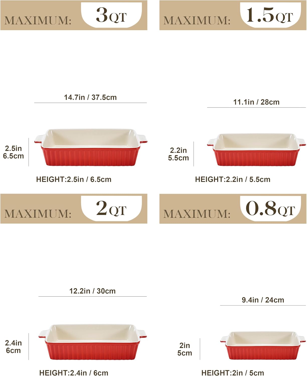 Bakeware Set of 4, MALACASA Porcelain Baking Pans Set for Oven, Casserole Dish, Ceramic Rectangular Baking Dish Lasagna Pans for Cooking Cake Pie Dinner Kitchen, Red (9.5"/11.25"/12.75"/14.5")