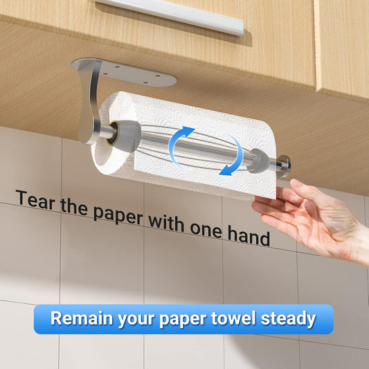 Paper Towel Holder Under Cabinet, One-Handed Tear, Wall Mount, Adhesive, Silver, Paper Roll Holder with Ratchet Mechanism for Kitchen Bathroom Farmhouse Essentials Decor Accessories