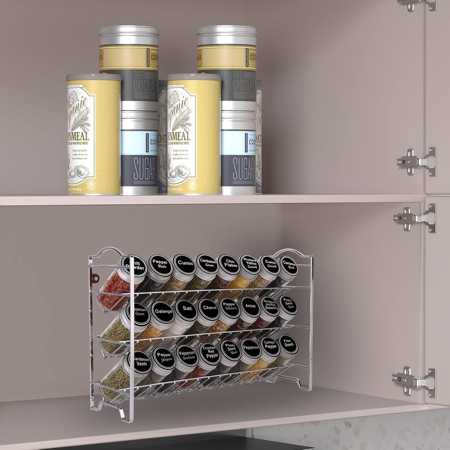 Spice Rack Organizer with 24 Empty Round Spice Jars, 396 Spice Labels with Chalk Marker and Funnel Complete Set, SWOMMOLY Spice Rack for Cabinet, Countertop or Wall Mount, Silver