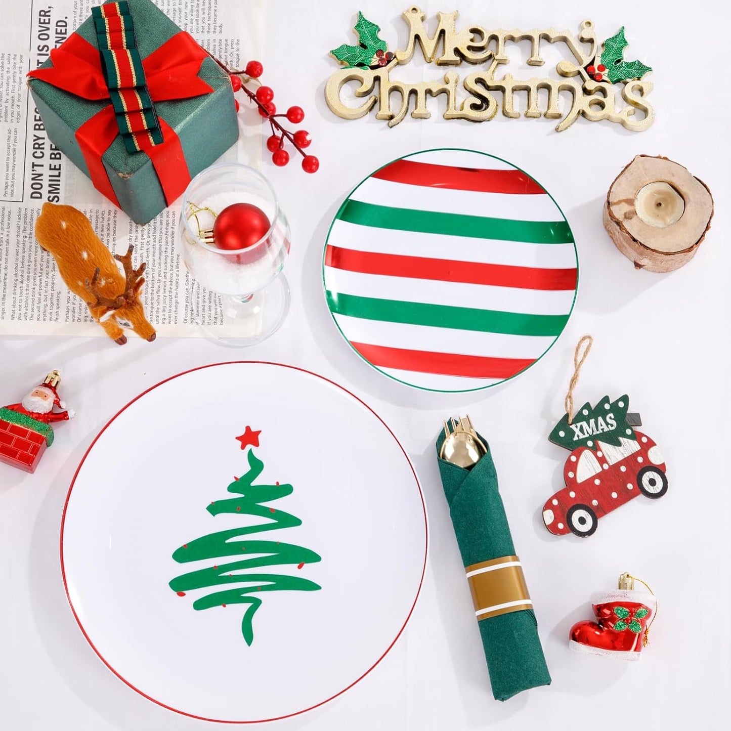 WONDERFUL 180 Pcs Plastic Christmas Plates Dinnerware Set Disposable Christmas Plates With Cutlery Include 30 Dinner Plate 30 Dessert Plate 30 Pre Rolled Napkins With Silverware For Xmas Day 30 Guests