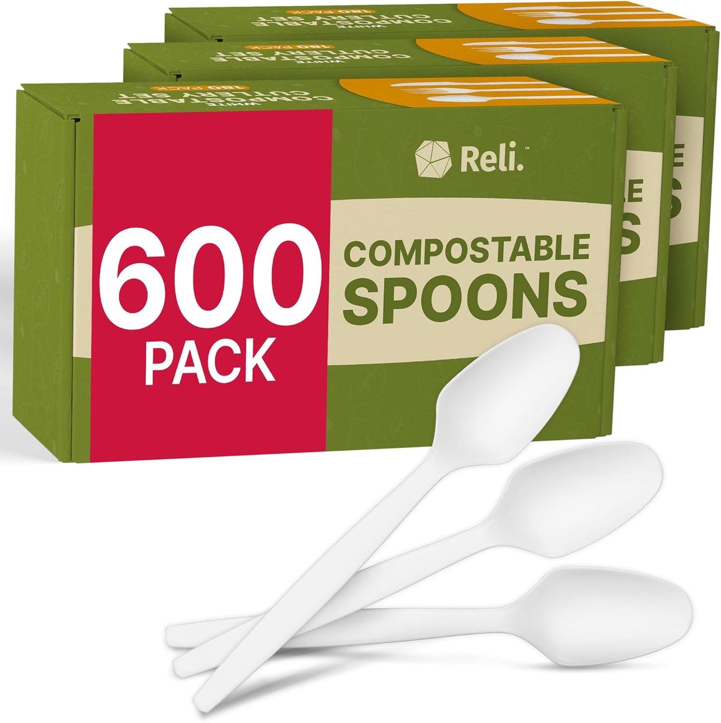 Reli. Compostable Spoons (600 Pack) | Soup Spoons, Disposable Utensils Heavy Duty | Compostable Utensils, Cutlery for Party, Hot Food, Party Supplies | BPA Free, Cornstarch (White)