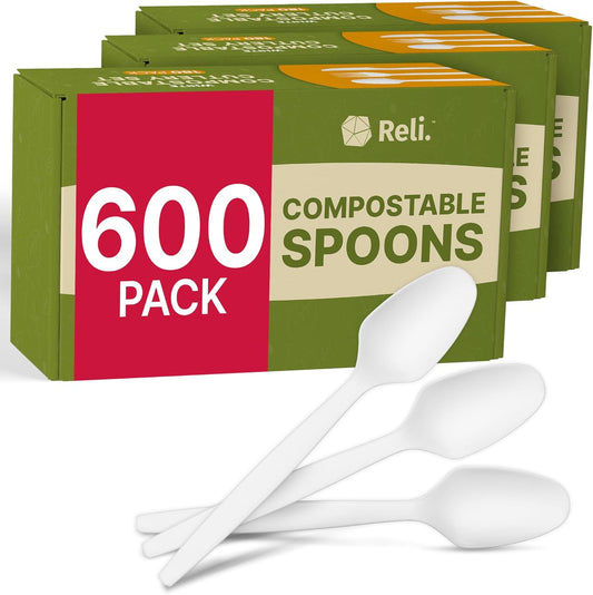 Reli. Compostable Spoons (600 Pack) | Soup Spoons, Disposable Utensils Heavy Duty | Compostable Utensils, Cutlery for Party, Hot Food, Party Supplies | BPA Free, Cornstarch (White)
