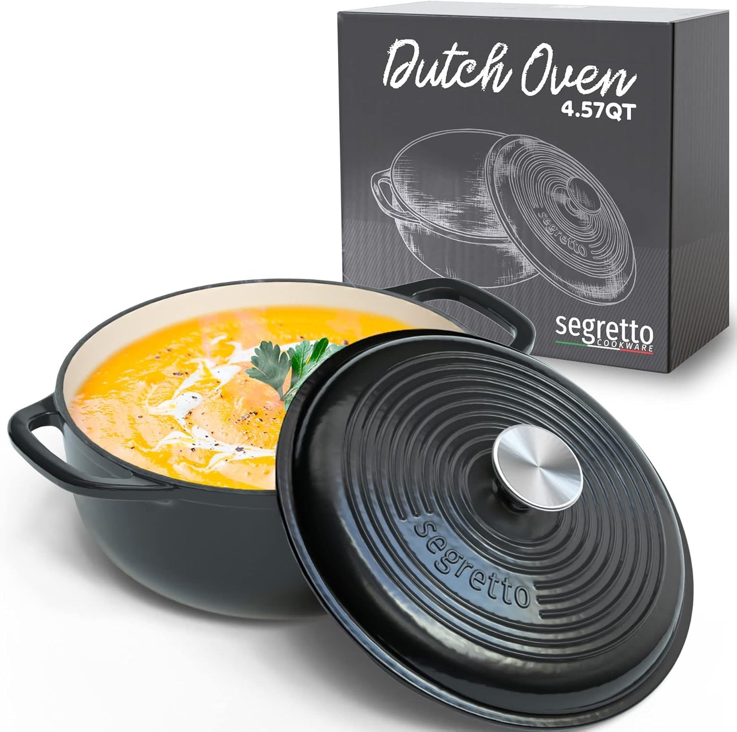 Segretto Cookware Enameled Cast Iron Dutch Oven with Handle, 4.57 Quarts, Nero (Black) 4.57 qt Oven Safe Dutch Oven Pot With Lid Ceramic Enamel Dutch Oven Cast Iron Pot Cookware for Bread Baking, Soup