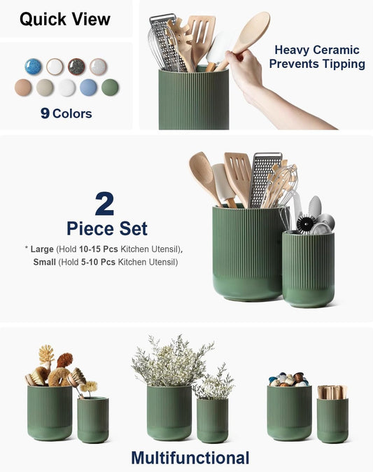 LE TAUCI Utensil Holder, 7.3"+5.4" Ceramic Kitchen Utensil Holder for Countertop, Large Cooking Utensil Crocks for Kitchen Counter, Modern Utensil Organizer for Spatula, Set of 2, Forest Green