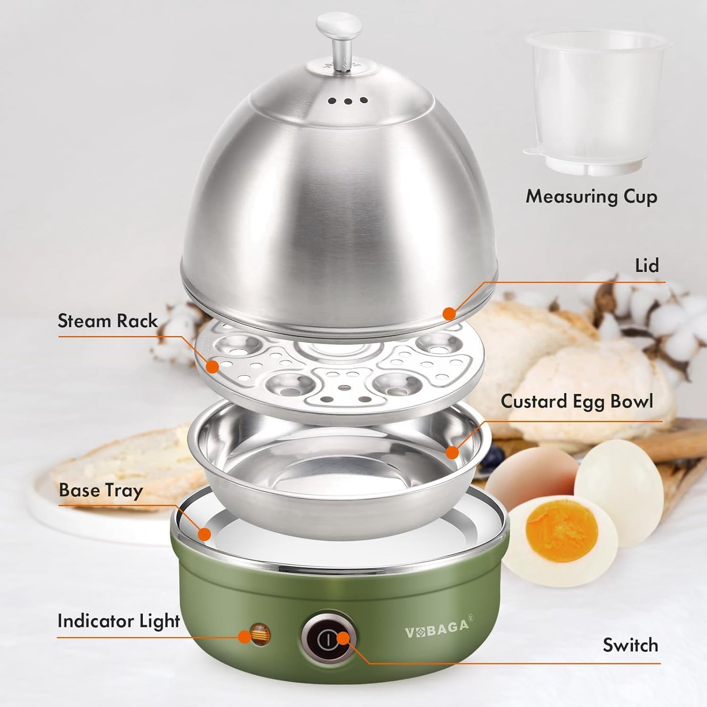 VOBAGA Electric Egg Cooker, Rapid Egg Boiler with Auto Shut Off for Soft, Medium, Hard Boiled, Poached, Steamed Eggs, Vegetables and Dumplings, Stainless Steel Tray with 7-Egg Capacity (Green)