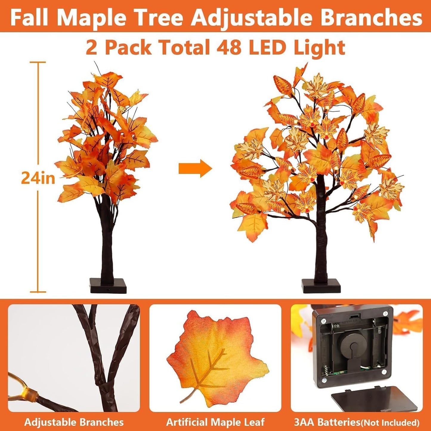 2 Pack 24 Inch Prelit Fall Maple Tree Decorations with 48 LEDs Timer Fall Battery Operated Lighted Artificial Pumpkin Light Up Maple Tree for Thanksgiving Harvest Table Home Indoor Decor