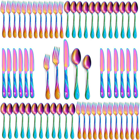 Rainbow Silverware Set for 12, 60-Piece Stainless Steel Flatware Set, Shiny Rainbow Metal Cutlery Set, Include Fork, Knife and Spoon Set, Dishwasher Safe