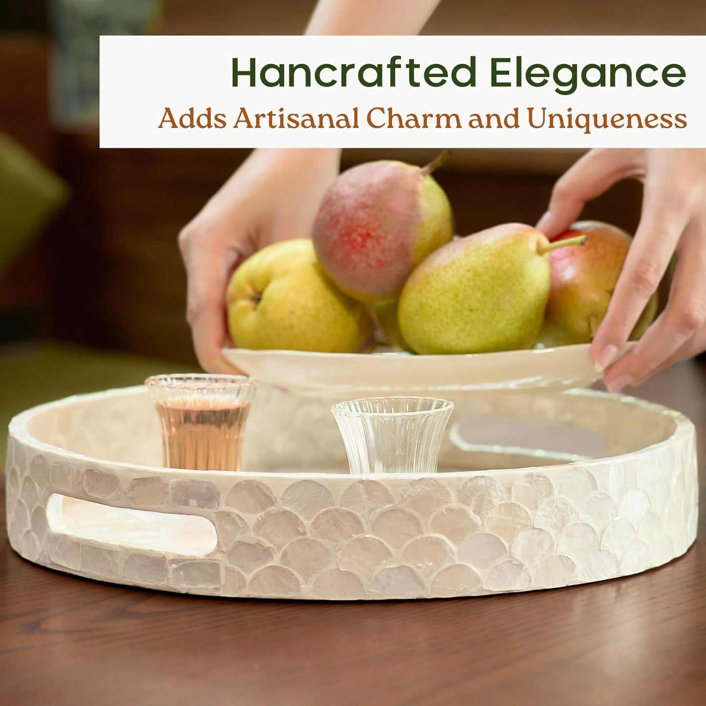 12.6 Inch Capiz Round Decorative Tray with Handles for Coffee Table, Vanity, or Ottoman, Elegant Capiz Mother of Pearl Serving Tray for Home Decor, Modern Coastal Boho Style, White