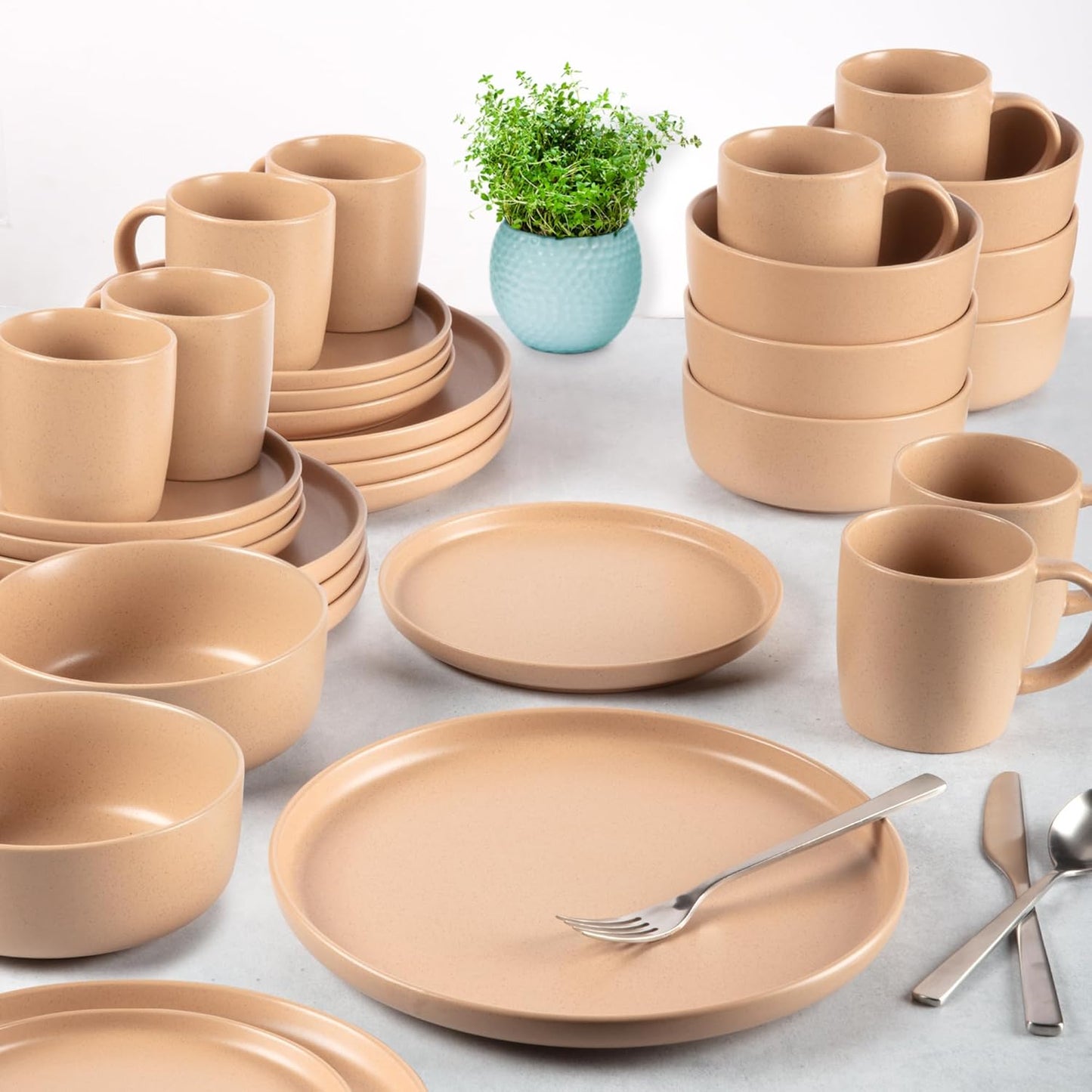 Zulay Kitchen Terra Stoneware 32-Piece Dinnerware Set, Artisanal Ceramic Plates and Bowls Set Crafted at 2300℉ - Service for 8, Terracotta Clay