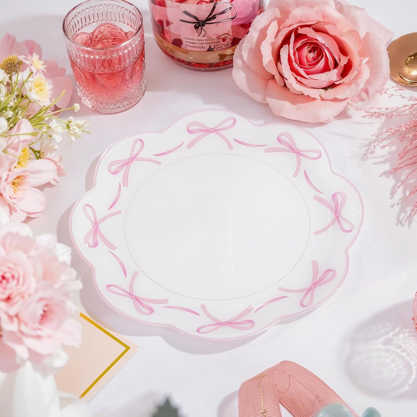 LIYH 60 Pcs Pink Plastic Plates for Party Bow Plates - Pink Porcelain Scalloped Plastic Plate Disposable Heavy Duty for Wedding Bridal Shower Floral Dinnerware Set - 10.25" Dinner & 7.5" Dessert Plate